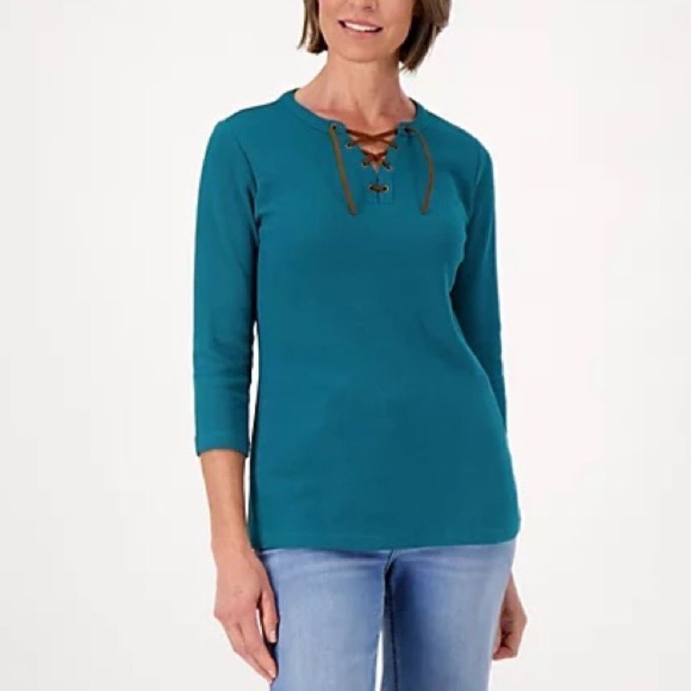 Denim & Co Faux Suede Trim Detail Canyon Retreat Waffle Knit Top